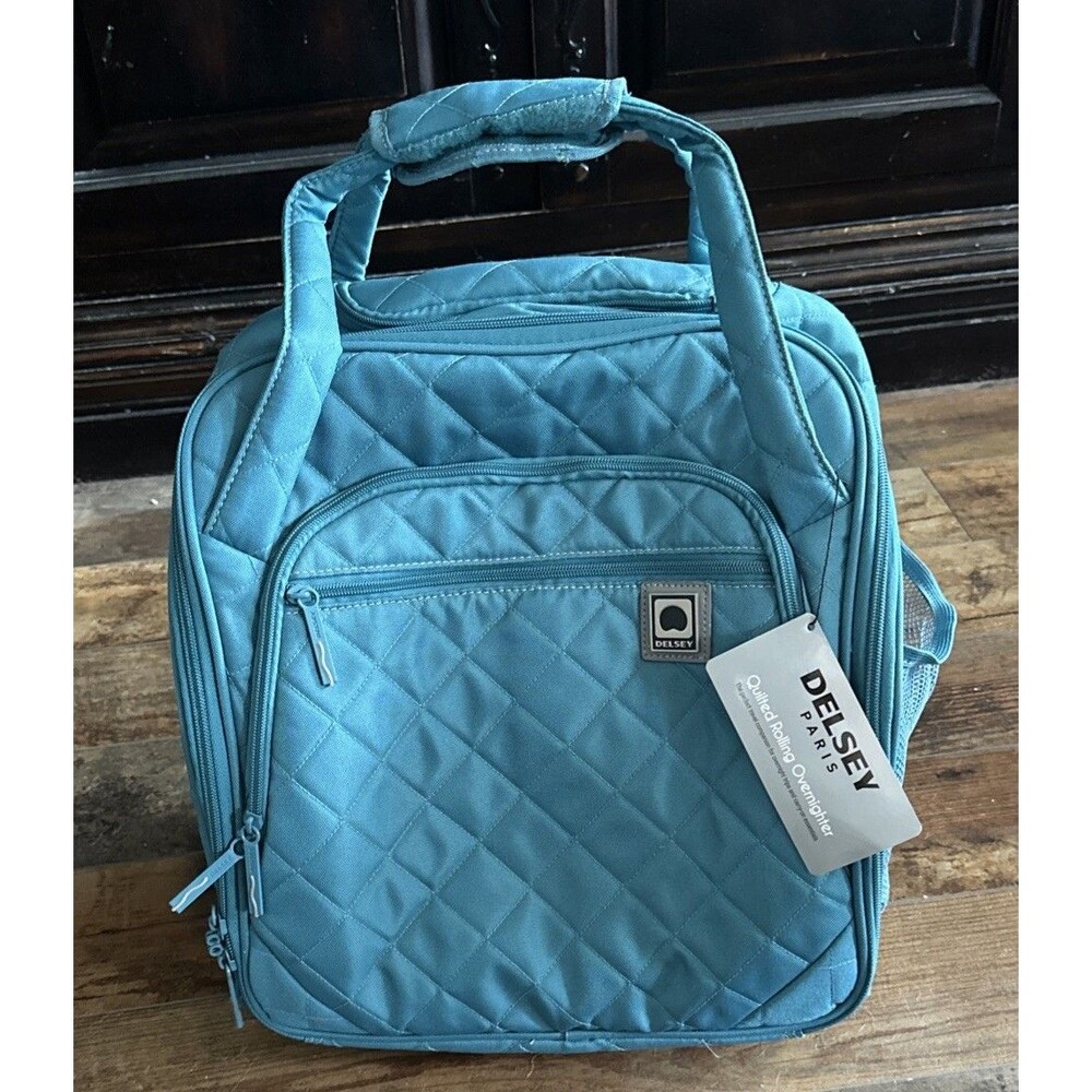 Delsey Quilted Rolling Overnighter Carry on Travel Luggage Bag Teal Blue Green